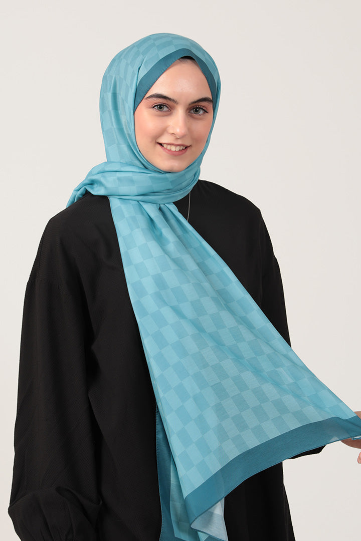 Pamuk İpek Şal - Dama Desen - Mavi