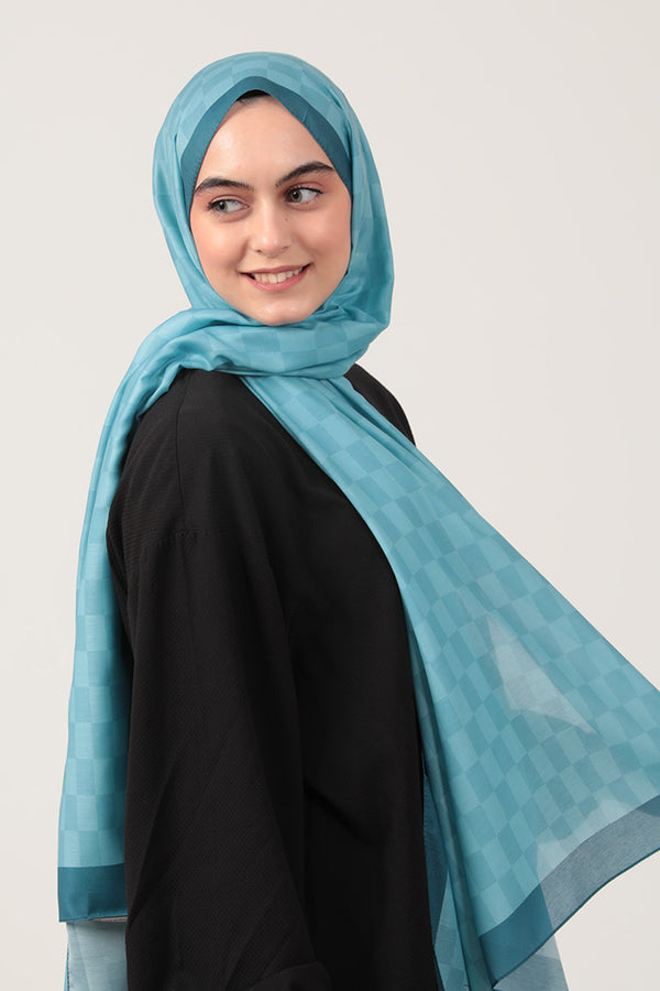 Pamuk İpek Şal - Dama Desen - Mavi