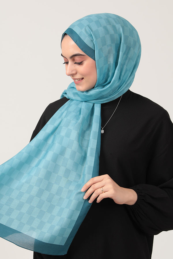 Pamuk İpek Şal - Dama Desen - Mavi