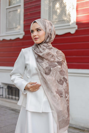 %100 Organik Pamuk Şal - Rose Desen - Vizon