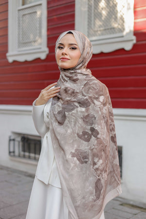%100 Organik Pamuk Şal - Rose Desen - Vizon