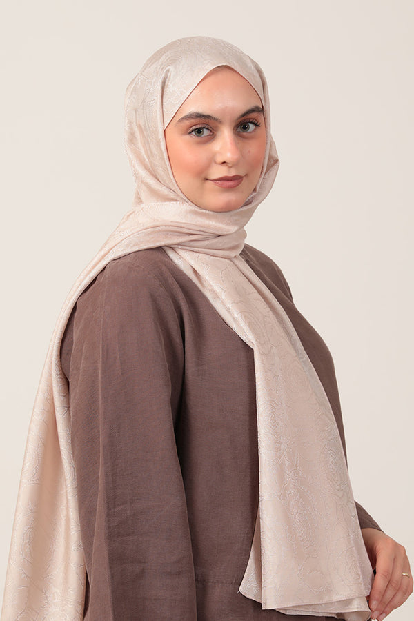 İpeksi Çift Taraflı Jakar Şal - Rose Desen - Latte