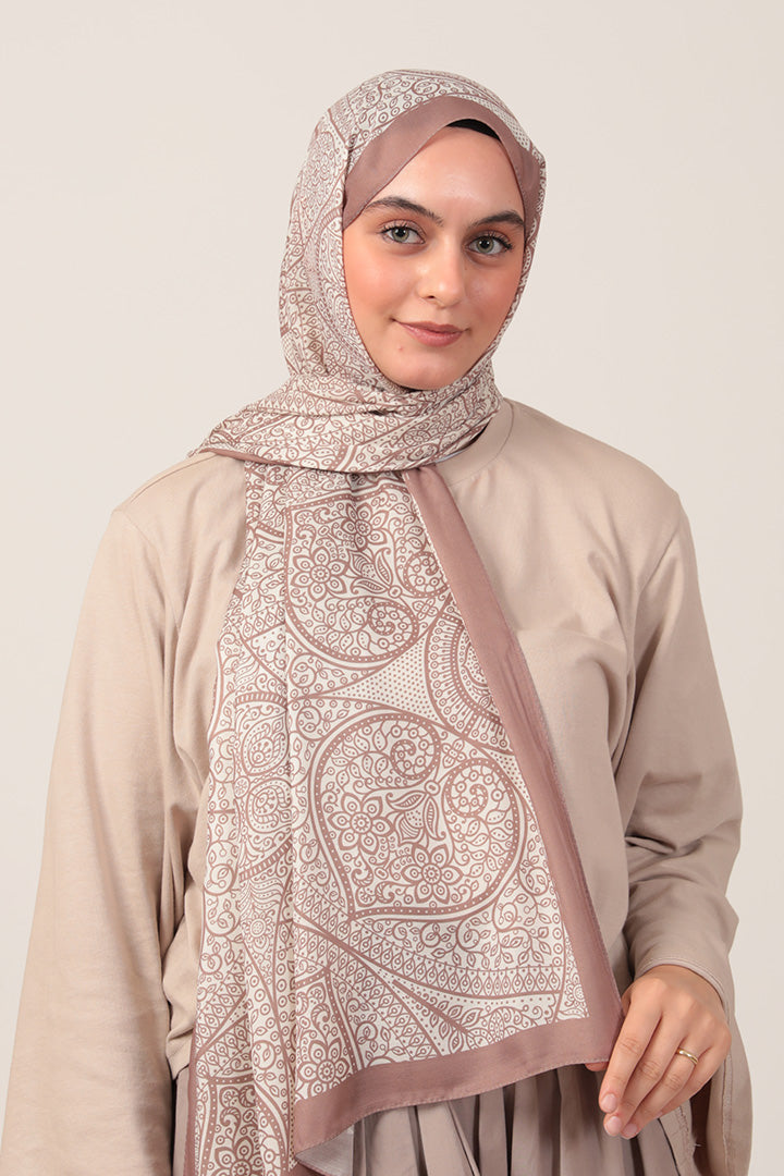 Pamuk İpek Şal - Sarmaşık Desen - Tatlı Kahve Ekru