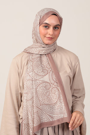 Pamuk İpek Şal - Sarmaşık Desen - Tatlı Kahve Ekru