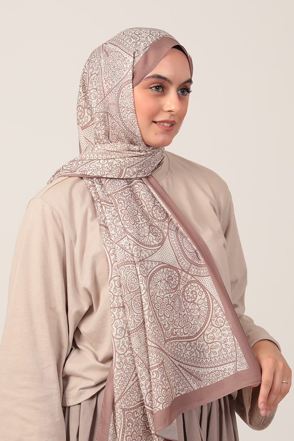 Pamuk İpek Şal - Sarmaşık Desen - Tatlı Kahve Ekru