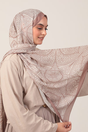 Pamuk İpek Şal - Sarmaşık Desen - Tatlı Kahve Ekru