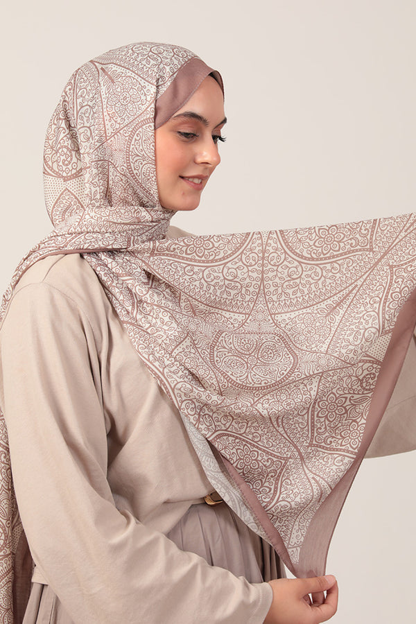 Pamuk İpek Şal - Sarmaşık Desen - Tatlı Kahve Ekru