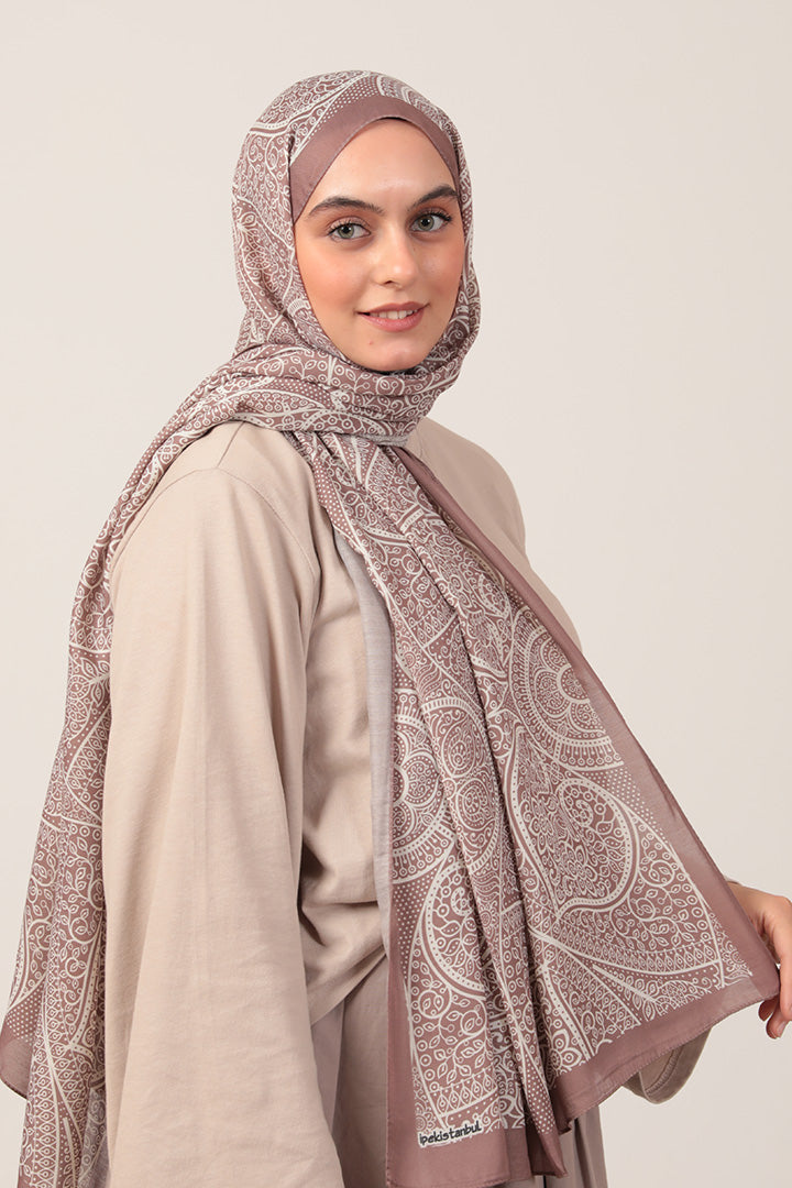 Pamuk İpek Şal - Sarmaşık Desen - Tatlı Kahve