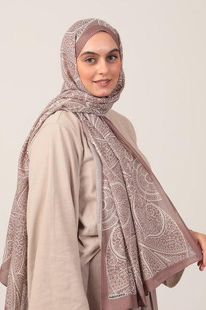 Pamuk İpek Şal - Sarmaşık Desen - Tatlı Kahve