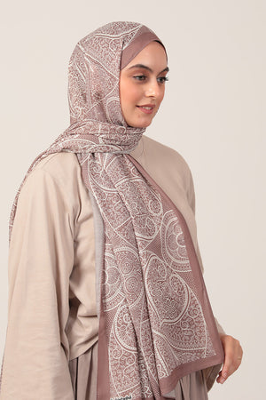 Pamuk İpek Şal - Sarmaşık Desen - Tatlı Kahve