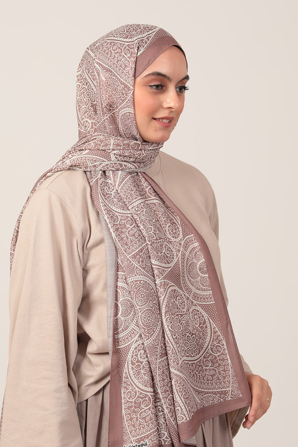 Pamuk İpek Şal - Sarmaşık Desen - Tatlı Kahve