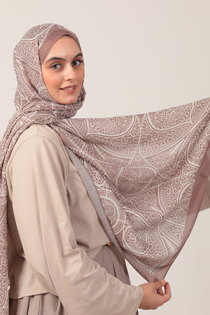 Pamuk İpek Şal - Sarmaşık Desen - Tatlı Kahve