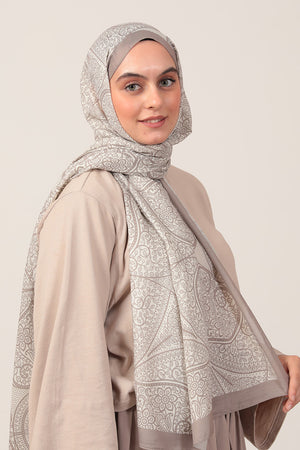 Pamuk İpek Şal - Sarmaşık Desen - Taş Ekru