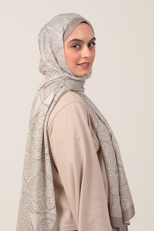 Pamuk İpek Şal - Sarmaşık Desen - Taş Ekru