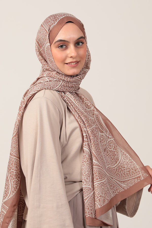 Pamuk İpek Şal - Sarmaşık Desen - Camel