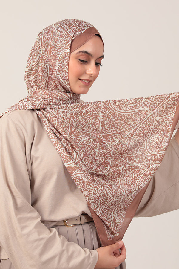 Pamuk İpek Şal - Sarmaşık Desen - Camel