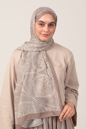 Pamuk İpek Şal - Sarmaşık Desen - Vizon