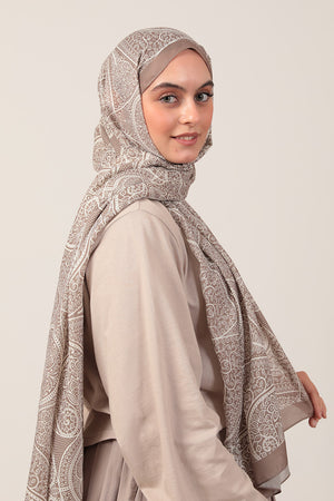 Pamuk İpek Şal - Sarmaşık Desen - Vizon