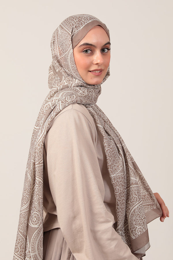 Pamuk İpek Şal - Sarmaşık Desen - Vizon