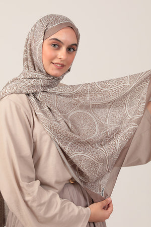 Pamuk İpek Şal - Sarmaşık Desen - Vizon