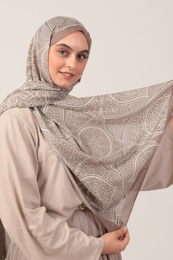 Pamuk İpek Şal - Sarmaşık Desen - Vizon