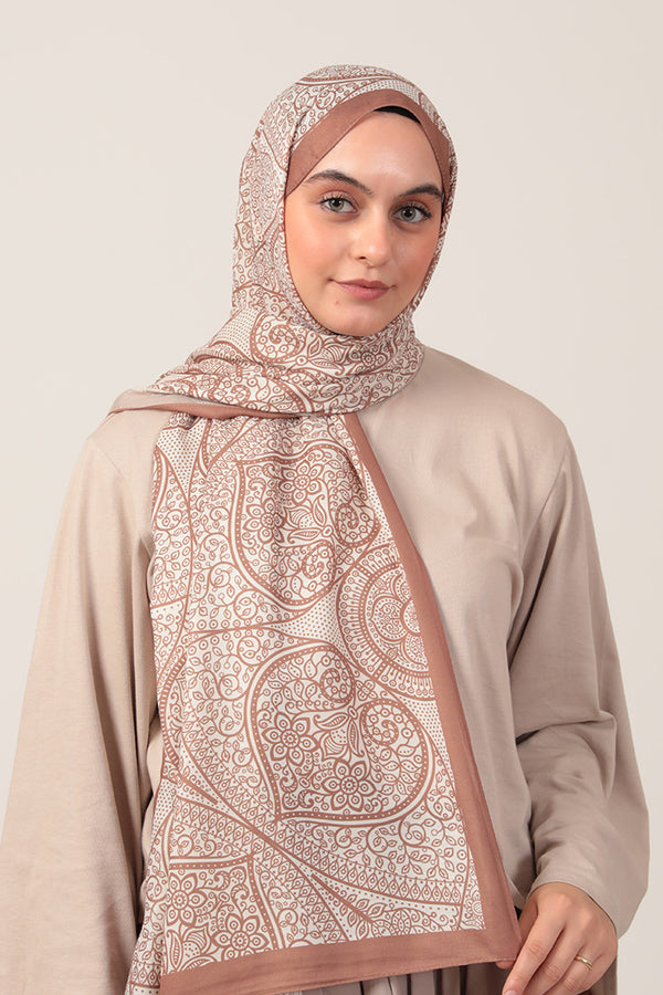 Pamuk İpek Şal - Sarmaşık Desen - Camel Ekru