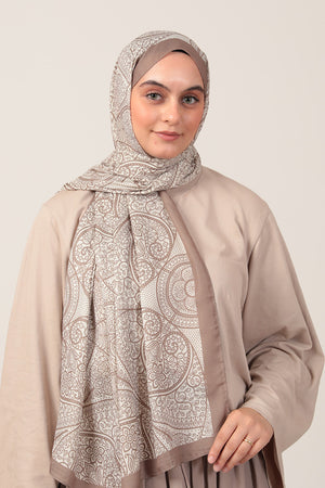Pamuk İpek Şal - Sarmaşık Desen - Vizon Ekru