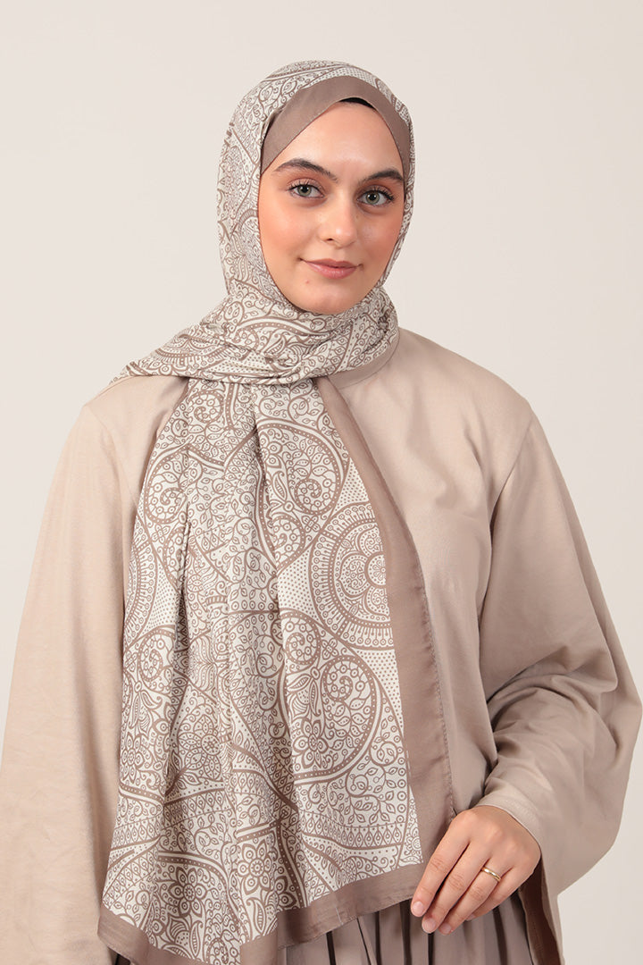 Pamuk İpek Şal - Sarmaşık Desen - Vizon Ekru