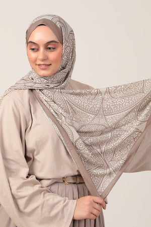 Pamuk İpek Şal - Sarmaşık Desen - Vizon Ekru