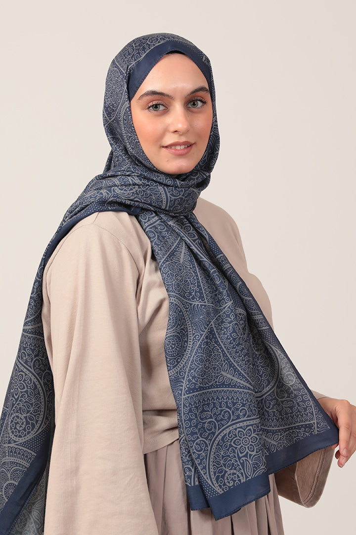 Pamuk İpek Şal - Sarmaşık Desen - Koyu Lacivert