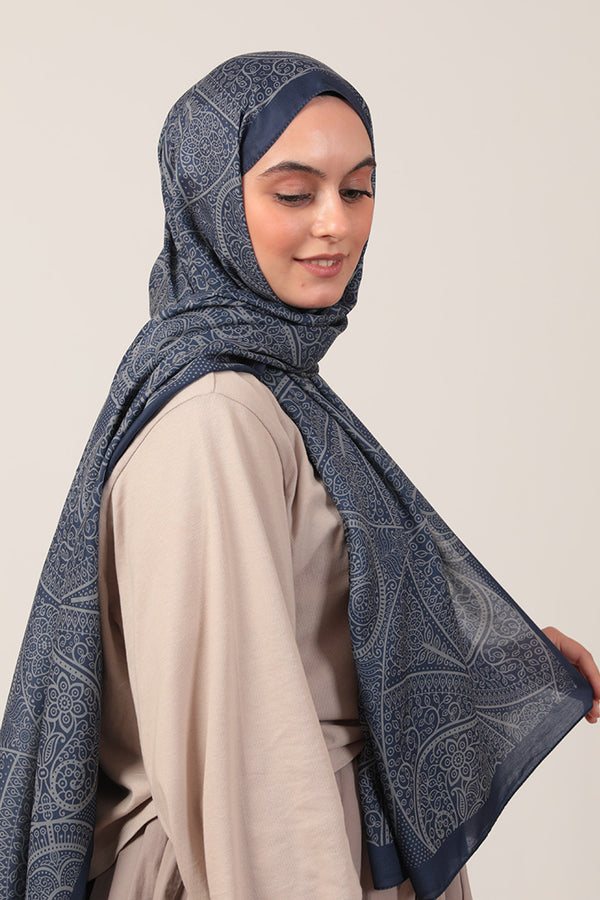 Pamuk İpek Şal - Sarmaşık Desen - Koyu Lacivert