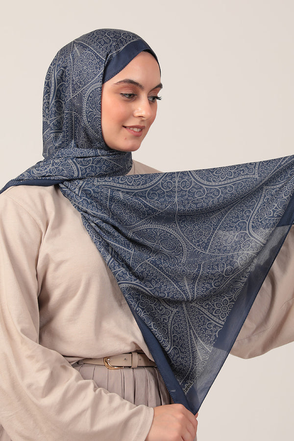 Pamuk İpek Şal - Sarmaşık Desen - Koyu Lacivert
