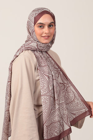 Pamuk İpek Şal - Sarmaşık Desen - Kahve Ekru