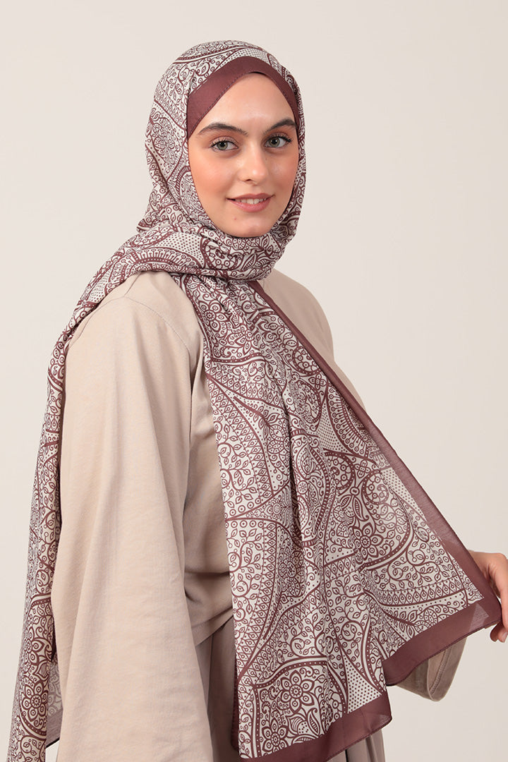 Pamuk İpek Şal - Sarmaşık Desen - Kahve Ekru