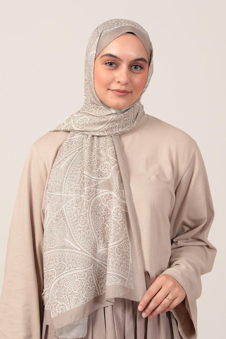 Pamuk İpek Şal - Sarmaşık Desen - Açık Vizon