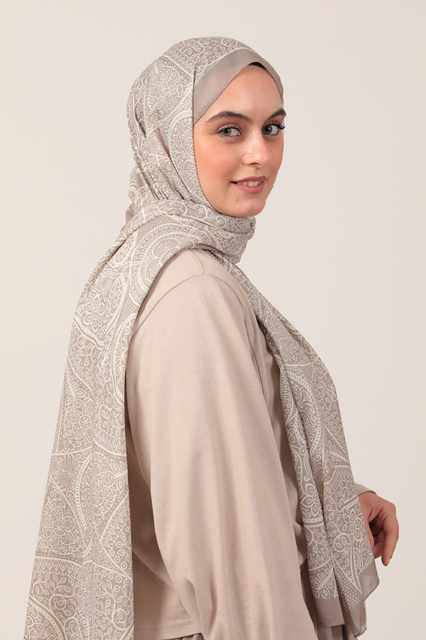 Pamuk İpek Şal - Sarmaşık Desen - Açık Vizon