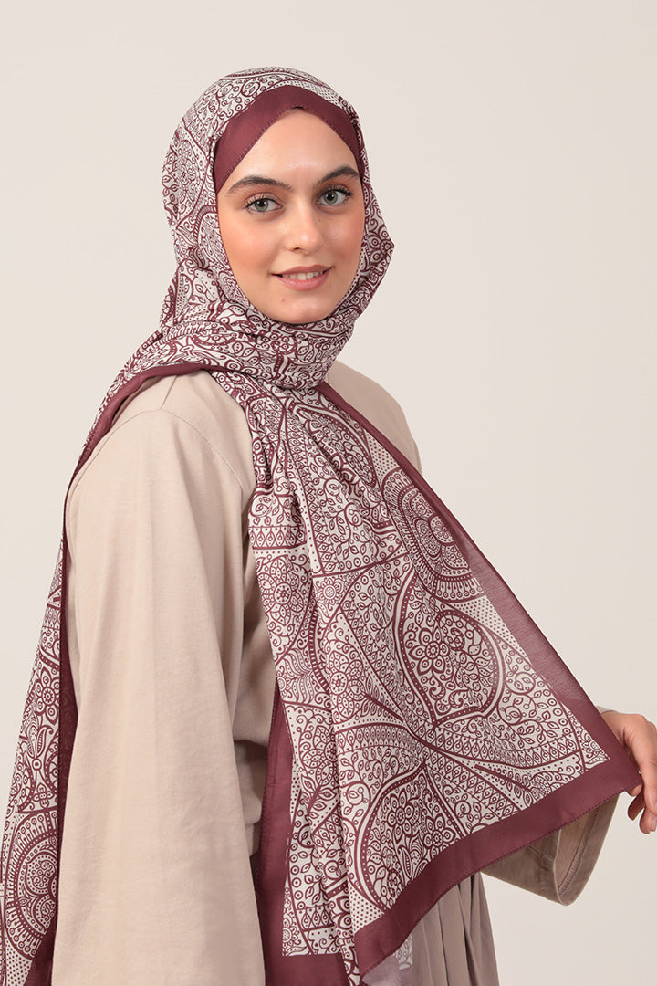 Pamuk İpek Şal - Sarmaşık Desen - Marshall Ekru