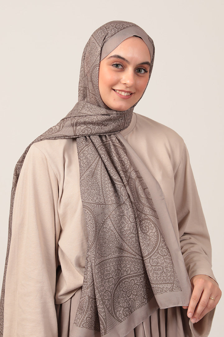 Pamuk İpek Şal - Sarmaşık Desen - Koyu Vizon