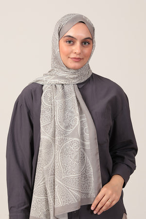 Pamuk İpek Şal - Sarmaşık Desen - Gümüş
