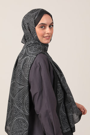 Pamuk İpek Şal - Sarmaşık Desen - Siyah Füme