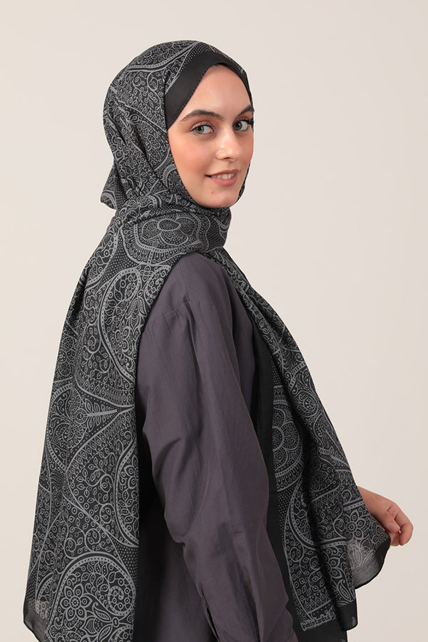 Pamuk İpek Şal - Sarmaşık Desen - Siyah Füme