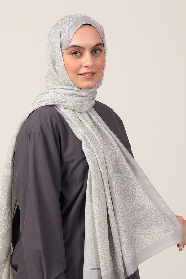 Pamuk İpek Şal - Sarmaşık Desen - Buz Beyazı