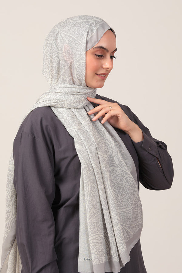 Pamuk İpek Şal - Sarmaşık Desen - Buz Beyazı