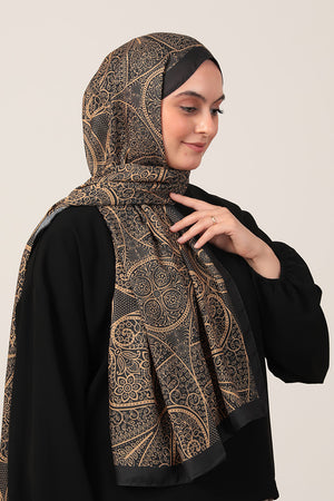 Pamuk İpek Şal - Sarmaşık Desen - Siyah Gold
