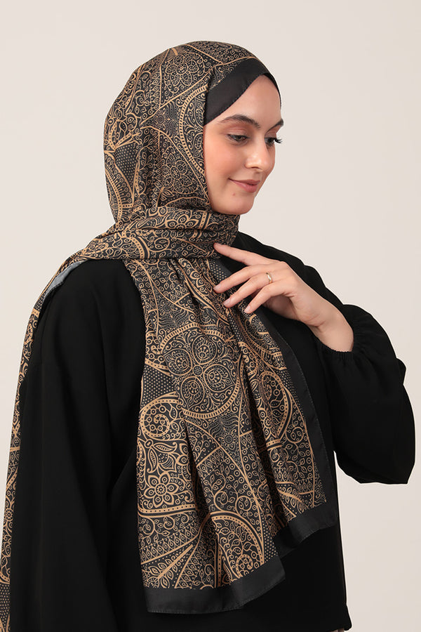 Pamuk İpek Şal - Sarmaşık Desen - Siyah Gold