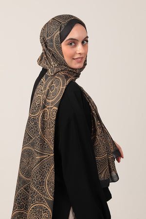 Pamuk İpek Şal - Sarmaşık Desen - Siyah Gold