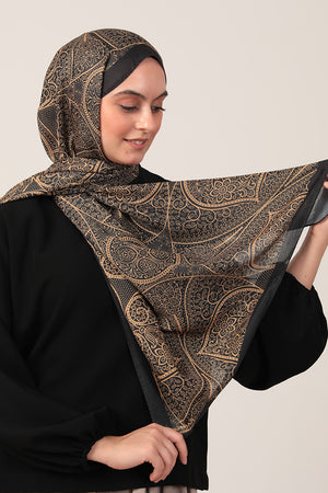 Pamuk İpek Şal - Sarmaşık Desen - Siyah Gold