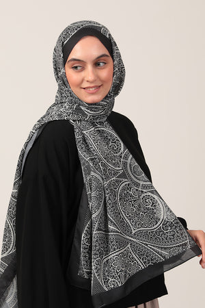 Pamuk İpek Şal - Sarmaşık Desen - Siyah