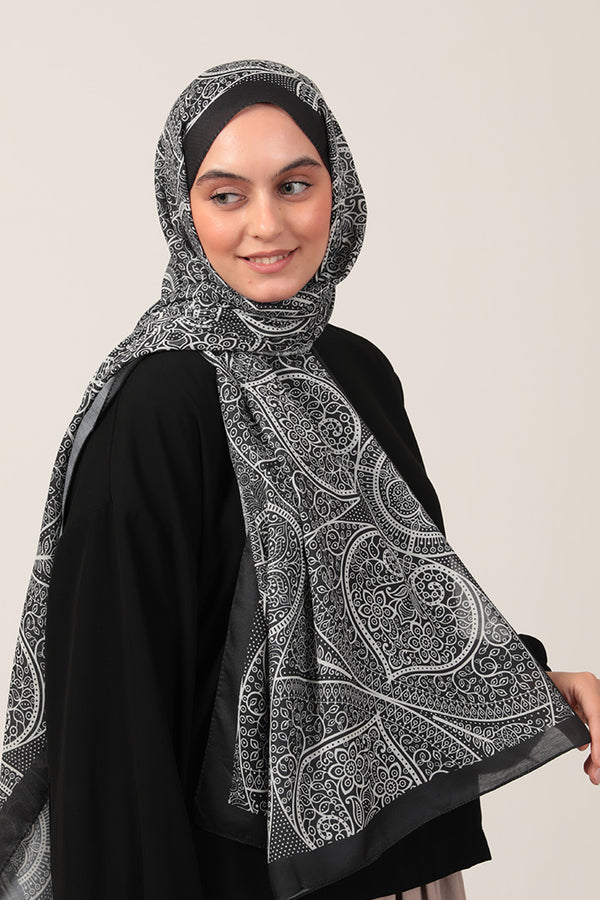 Pamuk İpek Şal - Sarmaşık Desen - Siyah