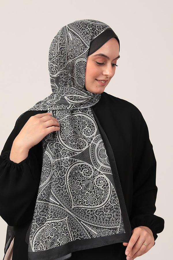 Pamuk İpek Şal - Sarmaşık Desen - Siyah